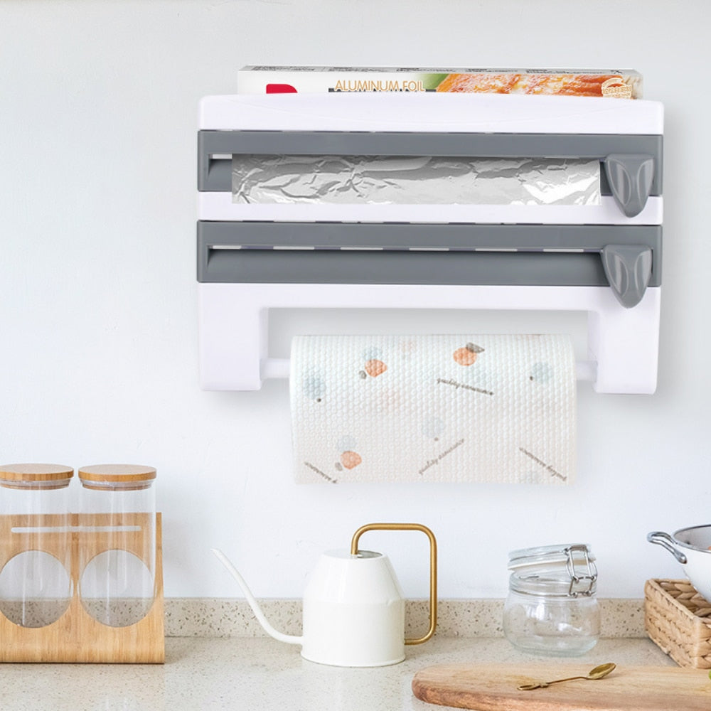 ADOREHOUSE Paper Towel Holder Sauce Bottle Rack Kitchen Organizer 4 In 1 Cling Film Cutting Holder Kitchen Accessories