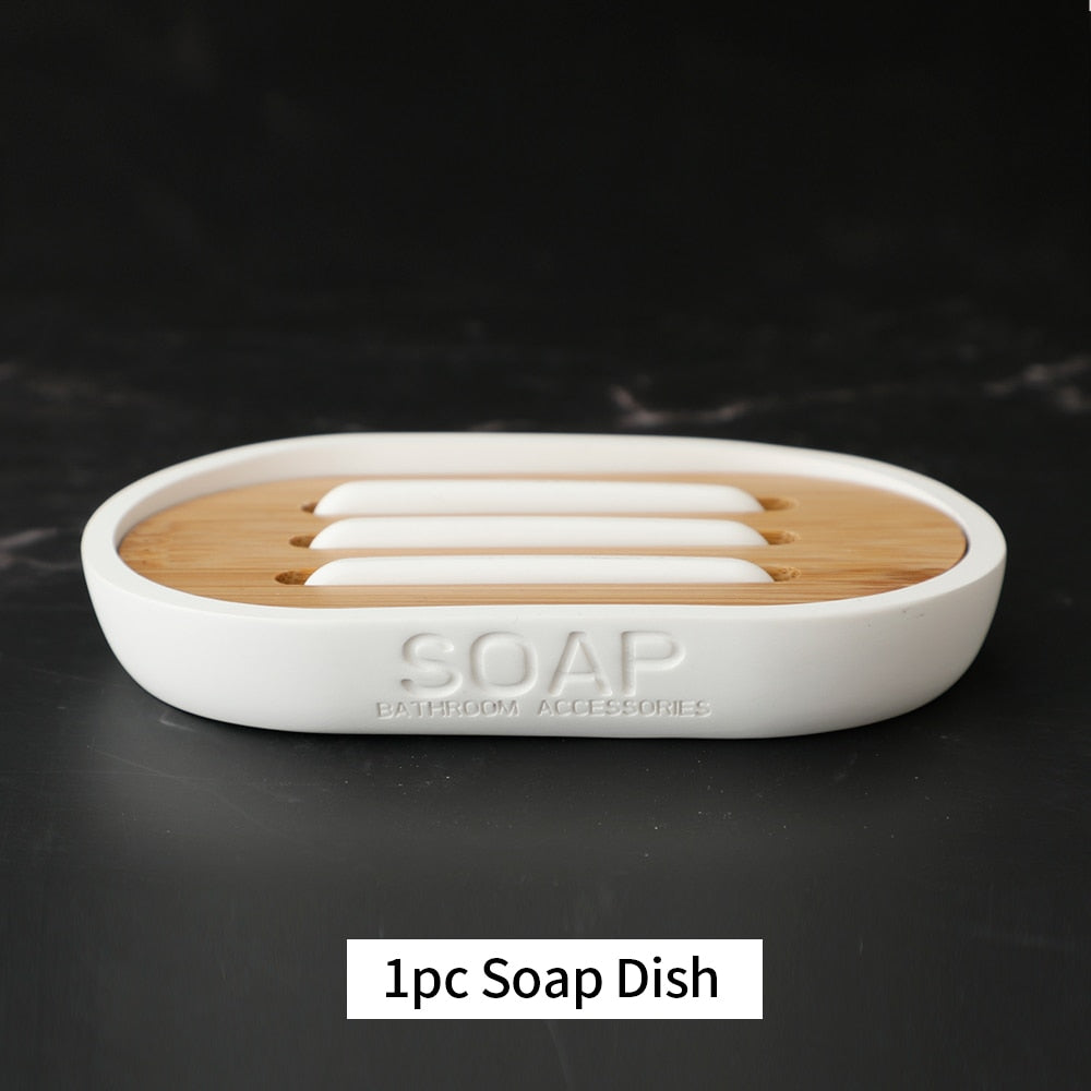 Bathroom Accessories Soap Lotion Dispenser Toothbrush Holder Soap Dish Tumbler Pump Bottle Cup Wood Black or White