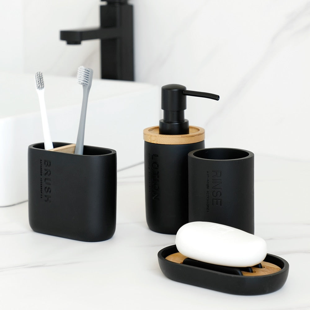 Bathroom Accessories Soap Lotion Dispenser Toothbrush Holder Soap Dish Tumbler Pump Bottle Cup Wood Black or White