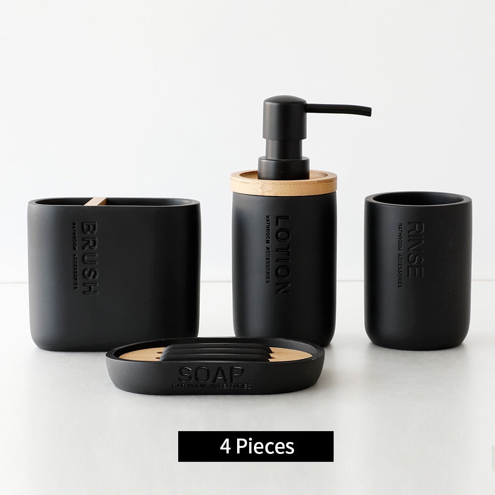 Bathroom Accessories Soap Lotion Dispenser Toothbrush Holder Soap Dish Tumbler Pump Bottle Cup Wood Black or White