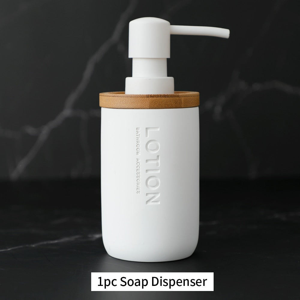 Bathroom Accessories Soap Lotion Dispenser Toothbrush Holder Soap Dish Tumbler Pump Bottle Cup Wood Black or White
