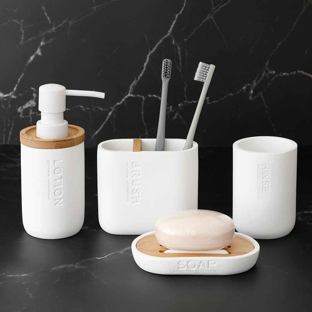Bathroom Accessories Soap Lotion Dispenser Toothbrush Holder Soap Dish Tumbler Pump Bottle Cup Wood Black or White