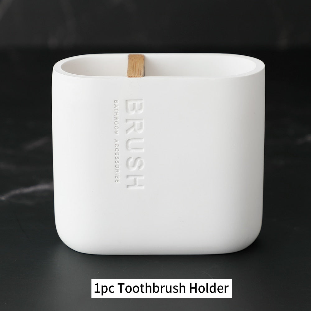 Bathroom Accessories Soap Lotion Dispenser Toothbrush Holder Soap Dish Tumbler Pump Bottle Cup Wood Black or White