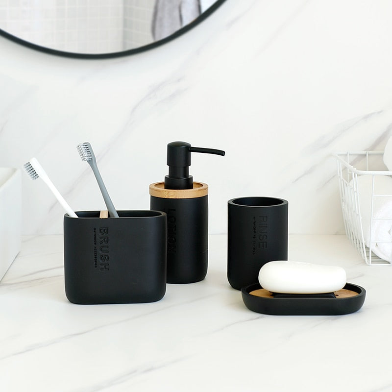 Bathroom Accessories Soap Lotion Dispenser Toothbrush Holder Soap Dish Tumbler Pump Bottle Cup Wood Black or White
