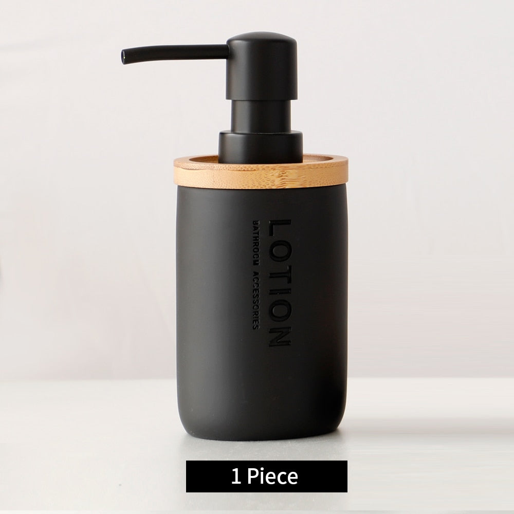Bathroom Accessories Soap Lotion Dispenser Toothbrush Holder Soap Dish Tumbler Pump Bottle Cup Wood Black or White