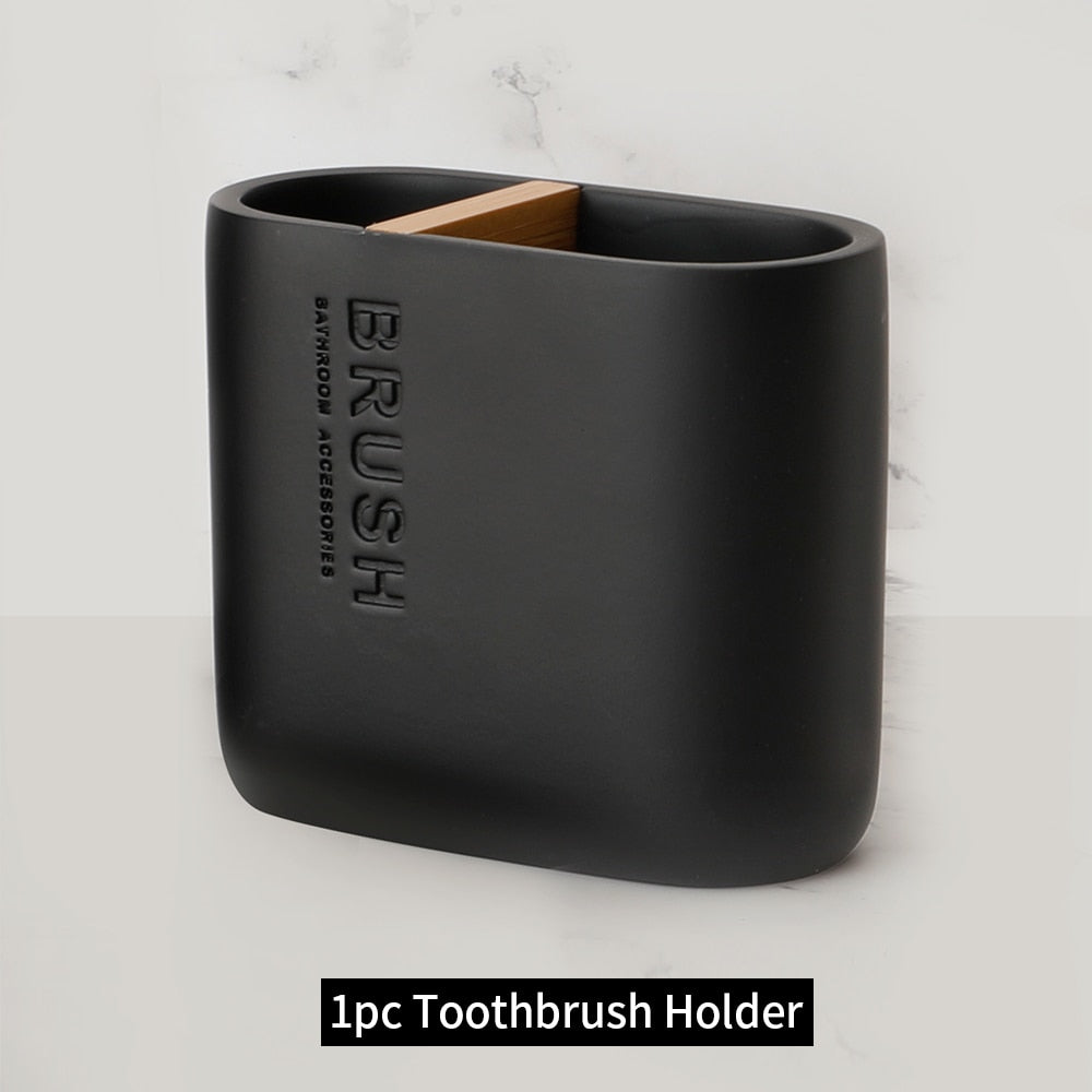 Bathroom Accessories Soap Lotion Dispenser Toothbrush Holder Soap Dish Tumbler Pump Bottle Cup Wood Black or White