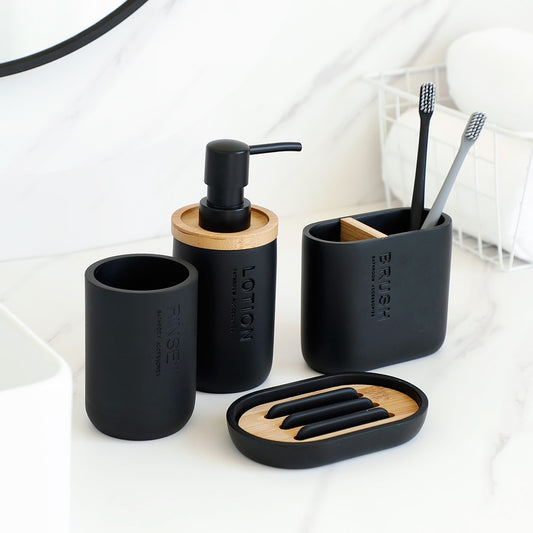 Bathroom Accessories Soap Lotion Dispenser Toothbrush Holder Soap Dish Tumbler Pump Bottle Cup Wood Black or White
